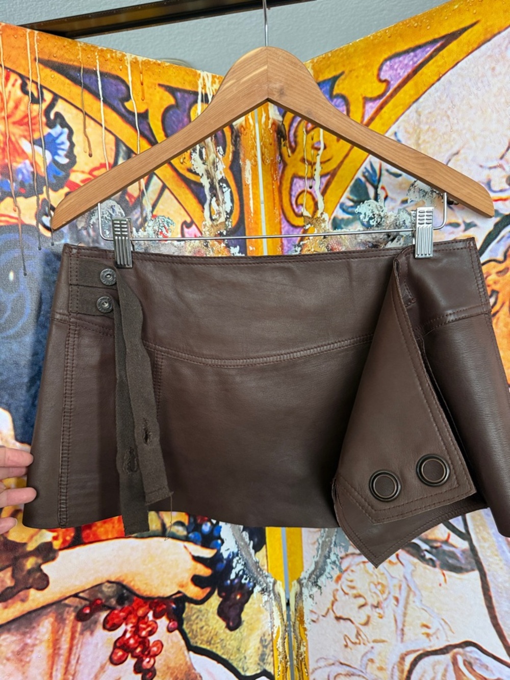 Diesel Vintage Chocolate Soft Leather Wrap Mini Skirt with Button Accent - Picture 15 of 17